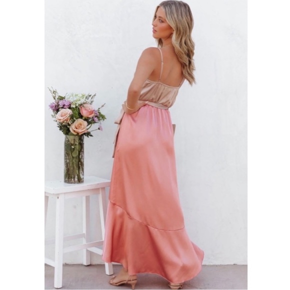 Vici Ansley Satin Colorblock High Low Tyche Maxi Dress Nude Peach - Picture 2 of 13